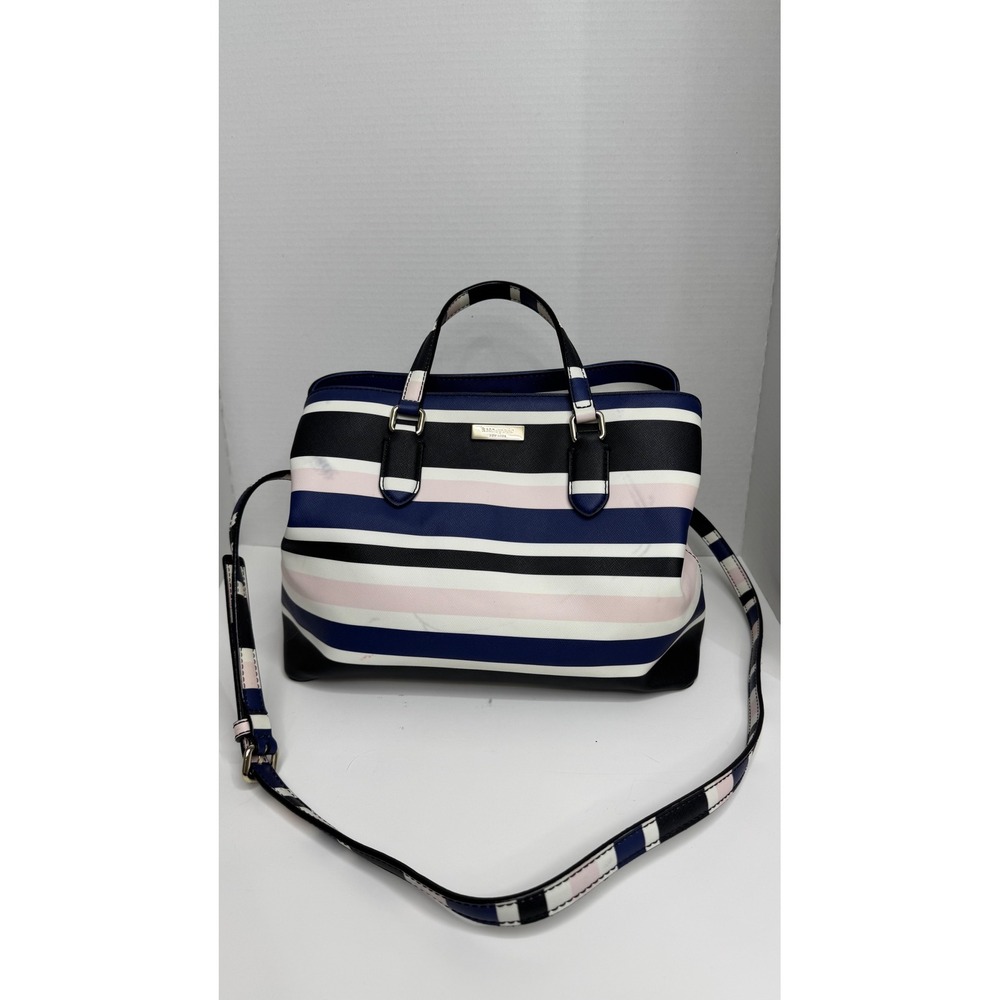 Kate Spade New York Striped Saffiano Leather Satchel Crossbody Bag Navy Pink